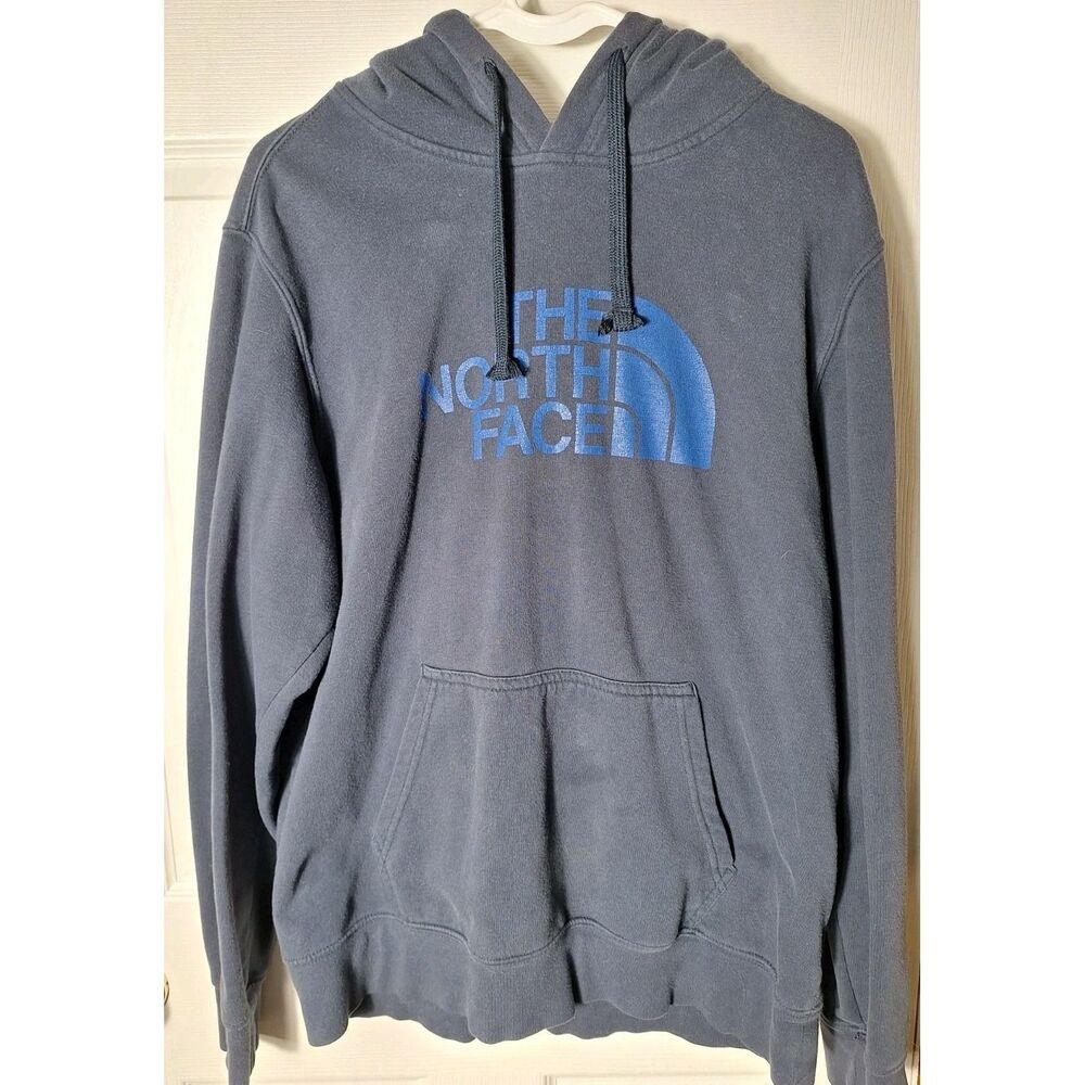 The North Face Mens Hoodie Gray Blue Logo Pullover Hooded Sweatshirt Size Medium